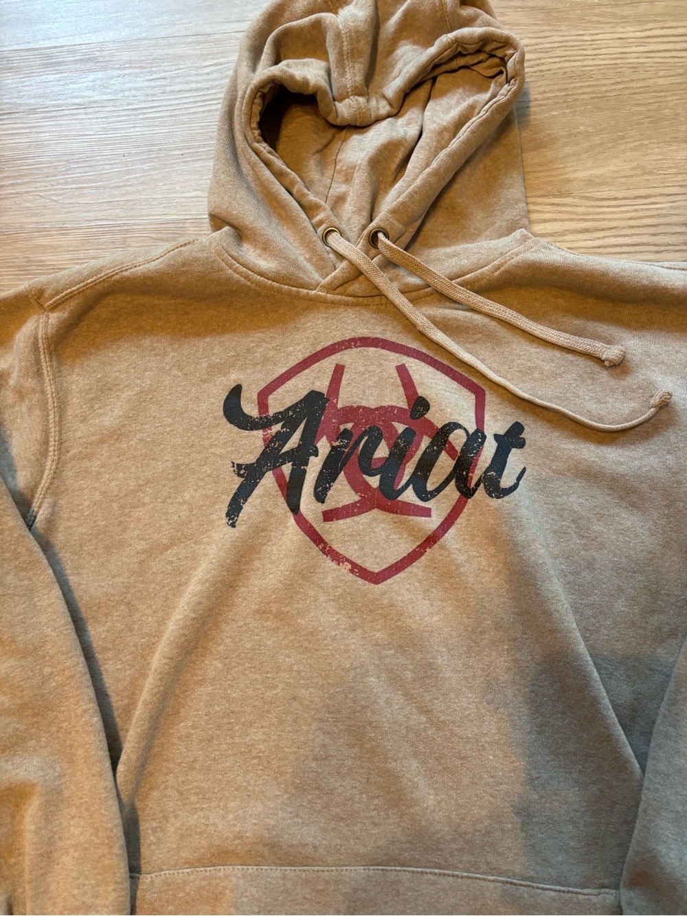 Ariat Women’s Sz XL REAL Hoodie Long Sleeve Logo Pullover Lined Western Tan - Picture 3 of 11